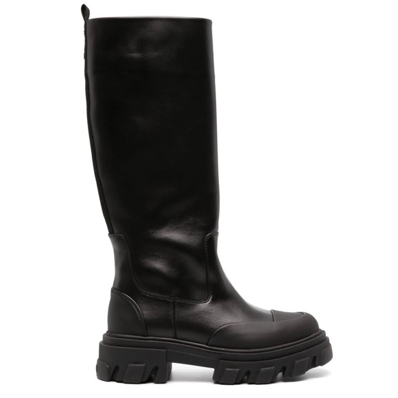 Ganni Knee High Boots Tall Leather Chunky Lug Sole Platform Black EUC Size 36 - Picture 1 of 12